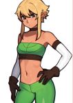  1girl bandeau bangs blonde_hair breasts brown_eyes brown_gloves choker cowboy_shot elf gloves green_bandeau green_pants hand_on_hip looking_at_viewer navel nil_sunna original pants pointy_ears short_hair_with_long_locks simple_background small_breasts solo sunna_(nilsunna) white_background 