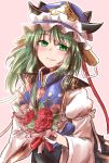  1girl blush bouquet epaulettes eyebrows_visible_through_hair flower green_eyes green_hair hat hat_ribbon highres looking_at_viewer oshiaki pink_background ribbon shiki_eiki simple_background smile solo touhou vest wide_sleeves 