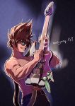  1boy brown_hair glasses guitar highres holding holding_instrument instrument macross macross_7 music nekki_basara playing_instrument round_eyewear ryu_(masu_nantoka-san) shirtless solo yellow_eyes 