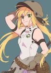  1girl ahoge artoria_pendragon_(all) artoria_pendragon_(caster) bare_shoulders belt blonde_hair breasts eyebrows_visible_through_hair eyes_visible_through_hair fate/grand_order fate_(series) gloves green_eyes hat isshoku_(shiki) long_hair looking_at_viewer pouch simple_background sleeveless small_breasts smile solo upper_body 