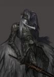  2boys absurdres ambiguous_gender armor brothers cape commentary_request crown dark_souls_iii full_armor gauntlets greaves grey_background grey_hair helmet highres holding holding_sword holding_weapon hood long_hair lorian_(elder_prince) lothric_(younger_prince) male_focus multiple_boys pale_skin pauldrons pilgrim_(silentreverie) robe shoulder_armor siblings silver_hair simple_background souls_(from_software) standing sword weapon white_hair 