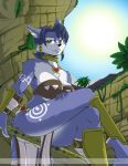  2020 anthro armor biped black_nose blue_body blue_eyebrows blue_fur blue_hair blue_tail bottomwear bra brown_bra brown_clothing brown_underwear canid canine clothed clothing crossed_legs day detailed_background digital_media_(artwork) ear_piercing eyebrows female fingers fox front_view fur greaves grey_eyes hair hand_on_leg hand_on_thigh hi_res jewelry krystal loincloth looking_at_viewer mammal multicolored_body multicolored_fur necklace nintendo outside piercing short_hair sitting sky solo star_fox two_tone_body two_tone_fur underwear vambraces video_games white_body white_bottomwear white_clothing white_fur yawg 