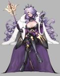  1girl alex_(cerealex) breasts camilla_(fire_emblem) cape cleavage crossed_legs fire_emblem fire_emblem_fates fire_emblem_heroes full_body fur_trim grey_background hair_over_one_eye highres holding holding_staff large_breasts long_hair parted_lips purple_hair simple_background sitting solo staff 