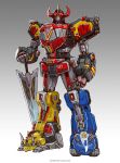  daijuujin emerson_tung english_commentary gradient gradient_background highres holding holding_sword holding_weapon horns kyouryuu_sentai_zyuranger looking_up mecha megazord mighty_morphin_power_rangers no_humans open_hand power_rangers solo super_sentai sword tokusatsu weapon yellow_eyes 