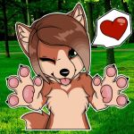  &lt;3 1:1 anonymous_artist anthro brown_body brown_fur canid canine canis domestic_dog female fur herding_dog looking_at_viewer mammal one_eye_closed pastoral_dog pawpads paws sagezilla solo speech_bubble telegram_stickers tongue tongue_out welsh_corgi wink 