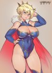  1girl ahoge artist_name artoria_pendragon_(all) artoria_pendragon_(lancer) bangs bare_shoulders blonde_hair blue_legwear blue_sleeves braid breasts cape cleavage contrapposto covered_navel cowboy_shot crown detached_sleeves eyebrows_visible_through_hair fate/grand_order fate_(series) french_braid fur-trimmed_cape fur_trim green_eyes grey_background hair_between_eyes hand_on_hip highleg highleg_leotard highres large_breasts leotard looking_at_viewer medium_hair norasuko red_cape sidelocks simple_background solo thighhighs thighs underbust 
