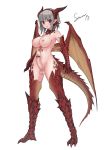  1girl bar_censor blush breasts censored claws dragon_girl dragon_tail erection full_body futanari gem grey_hair horns large_breasts looking_at_viewer monster_girl navel nipples penis pointy_ears red_eyes scales short_hair signature solo standing stmaster tail testicles wings 