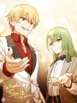  2boys alternate_costume black_neckwear blonde_hair bow bowtie contemporary dated enkidu_(fate/strange_fake) fate/grand_order fate_(series) gilgamesh green_eyes green_hair grey_jacket grin jacket jewelry lofter_username long_hair multiple_boys necklace outstretched_hand red_eyes red_shirt shirt signature siya_ho smile tuxedo upper_body white_jacket 