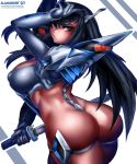  1girl absurdres alamander ass black_hair blue_eyes breasts elbow_gloves from_behind gloves highres junketsu kamui_(kill_la_kill) kill_la_kill kiryuuin_satsuki large_breasts long_hair looking_at_viewer looking_back revealing_clothes reverse_grip shiny shiny_hair shiny_skin simple_background solo standing sword thighs weapon white_background 