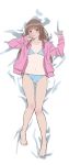  1girl amagami bangs barefoot bikini blunt_bangs breasts brown_eyes brown_hair dakimakura highres jacket kamizaki_risa long_hair looking_at_viewer navel one-piece_tan pink_jacket side-tie_bikini small_breasts solo striped striped_bikini swimsuit tan tanline warder2013 wavy_hair 