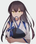  1girl brown_eyes brown_hair eyebrows_visible_through_hair grey_background hair_between_eyes japanese_clothes kaga_(kantai_collection) kantai_collection kasumi_(skchkko) long_hair mouth_hold muneate remodel_(kantai_collection) simple_background solo tasuki torn_clothes upper_body 