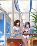  2girls beach bikini blue_bikini blue_sky bracelet brown_eyes brown_hair chopsticks closed_eyes covering_mouth eating half_updo hinoshita_akame ice_cream_cone idolmaster idolmaster_million_live! idolmaster_million_live!_theater_days inflatable_toy jewelry kasuga_mirai long_hair medium_hair multiple_girls nanao_yuriko necklace outdoors purple_bikini purple_hair sitting sky swimsuit wristband 