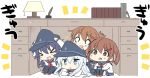  &gt;_&lt; 4girls :x akatsuki_(kantai_collection) anchor_symbol bangs black_legwear blue_eyes blue_headwear brown_eyes brown_hair commentary_request desk eyebrows_visible_through_hair fang flat_cap flying_sweatdrops folded_ponytail hair_ornament hairclip hat hibiki_(kantai_collection) hizuki_yayoi ikazuchi_(kantai_collection) inazuma_(kantai_collection) kantai_collection lamp long_hair long_sleeves lying multiple_girls neckerchief on_stomach open_mouth pantyhose pleated_skirt ponytail purple_hair red_neckwear sailor_collar school_uniform serafuku short_hair silver_hair sitting skin_fang skirt thighhighs under_table wavy_mouth 