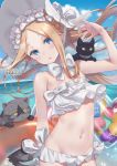  1girl :o abigail_williams_(swimsuit_foreigner)_(fate) animal arm_up artist_name bangs bare_arms bare_shoulders bikini black_cat blonde_hair blue_eyes blue_sky blush bow bowtie braid cat cloud collarbone commentary_request cowboy_shot day fate/grand_order fate_(series) flat_chest floating_hair forehead groin hakuda_tofu head_tilt heart highres innertube long_hair looking_at_viewer multiple_bows navel ocean open_mouth outdoors parted_bangs parted_lips sidelocks sky solo stomach striped swimsuit upper_body very_long_hair white_bow white_neckwear 