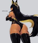  ... 1girl animal_ears anput_(nsfwolf) ass back backless_leotard black_hair blonde_hair breasts brown_eyes commentary cowboy_shot dark_skin elbow_gloves english_commentary english_text gloves grey_background highres jackal_ears large_breasts leotard long_hair nsfwolf original simple_background solo standing thighhighs very_long_hair 