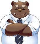  12beat13 2015 anthro brown_body brown_fur clothing cute_fangs eyes_closed eyewear fur glasses male mammal necktie overweight overweight_anthro overweight_male shirt simple_background solo topwear ursid white_background 