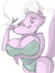  3:4 anthro big_breasts bimbette breasts cleavage clothed clothing curvy_figure female fur hair half-closed_eyes huge_breasts joelasko looking_at_viewer mammal mephitid narrowed_eyes nipple_outline pink_body pink_fur simple_background sketch skunk smile solo tiny_toon_adventures warner_brothers white_background white_hair 