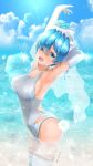  1girl :d arm_behind_head arm_up armpits ass bangs blue_eyes blue_hair blue_sky breasts bridal_veil bride cloud commentary_request competition_swimsuit covered_nipples cowboy_shot day elbow_gloves garter-velvet garter_belt garter_straps gloves hair_ornament hair_over_one_eye hair_ribbon highres large_breasts looking_at_viewer maid_headdress medium_breasts one-piece_swimsuit open_mouth outdoors pink_ribbon re:zero_kara_hajimeru_isekai_seikatsu rem_(re:zero) ribbon short_hair sideboob sky smile solo swimsuit thighhighs veil wading white_gloves white_legwear white_swimsuit x_hair_ornament 