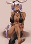  1girl animal_ears barefoot beige_background bikini black_bikini black_legwear blue_eyes body_markings caenis_(fate) dark_skin dog_tags fate/grand_order fate_(series) hair_intakes highleg highleg_bikini highres single_thighhigh solo swimsuit tattoo tgxx3300 thighhighs white_hair 