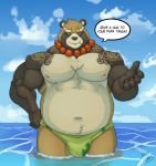  2020 anthro belly brown_body brown_fur bulge canid canine clothing english_text fur gyobu hi_res jabuhusky male mammal moobs navel nipples outside raccoon_dog scar solo swimwear tanuki text tokyo_afterschool_summoners video_games water 