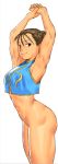  1girl armpits arms_up bottomless breasts brown_eyes cessa chun-li commentary crop_top crop_top_overhang double_bun english_commentary legs_together light_smile lips medium_breasts navel sleeveless solo standing street_fighter street_fighter_zero_(series) stretch thick_thighs thighs toned 
