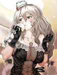  1girl alcohol alternate_costume bangs black_gloves blurry blurry_background blush breasts cleavage commentary_request cup drinking_glass eyebrows_visible_through_hair glass gloves grey_hair hair_between_eyes hat highres igarasy indoors jewelry kantai_collection lace large_breasts long_hair navel necklace parted_lips pinky_out playing_with_own_hair pola_(kantai_collection) thick_eyebrows upper_body wavy_hair wine_glass 