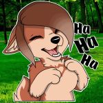  &lt;3 1:1 anonymous_artist anthro brown_body brown_fur canid canine canis domestic_dog english_text fangs female fur herding_dog laugh mammal open_mouth pastoral_dog reaction_image sagezilla solo telegram_stickers text welsh_corgi 