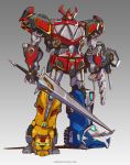  clenched_hand daijuujin emerson_tung english_commentary gradient gradient_background highres holding holding_sword holding_weapon horns kyouryuu_sentai_zyuranger looking_up mecha megazord mighty_morphin_power_rangers no_humans power_rangers redesign solo super_sentai sword tokusatsu weapon yellow_eyes 