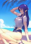  1girl absurdres arm_support arm_up bangs bare_legs beach braid breasts caster cleavage commission day fate/stay_night fate_(series) flower from_side hair_flower hair_ornament highres horizon large_breasts lipstick long_hair looking_at_viewer makeup one-piece_swimsuit outdoors parted_bangs parted_lips pointy_ears purple_eyes purple_hair purple_swimsuit sandals second-party_source see-through shirt side_braid sidelocks sitting smile sol_ferrari solo swimsuit t-shirt tied_shirt yokozuwari 