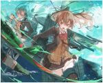  3girls aqua_eyes aqua_hair bangs blazer blonde_hair border bow bowtie breasts brown_eyes brown_hair brown_jacket brown_skirt closed_mouth cloud dated day e16a_zuiun fairy_(kantai_collection) frilled_skirt frills goggles goggles_on_head hair_between_eyes hair_ornament hairclip highres jacket kantai_collection kumano_(kantai_collection) long_hair long_sleeves multiple_girls nagasawa_tougo open_mouth outdoors ponytail red_neckwear rigging school_uniform skirt sky suzuya_(kantai_collection) thighhighs twitter_username water white_border 