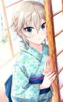  1girl absurdres anastasia_(idolmaster) blue_eyes blue_kimono braid doorway fingernails highres idolmaster idolmaster_cinderella_girls idolmaster_cinderella_girls_starlight_stage japanese_clothes kimono looking_at_viewer popon_ta silver_hair sliding_doors yukata 