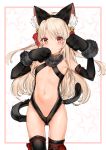  1girl absurdres animal_ear_fluff animal_ears armpits ass_visible_through_thighs bangs bare_shoulders bell black_gloves black_legwear black_leotard blonde_hair blush border cameltoe cat_ears cat_tail center_opening closed_mouth commentary_request cowboy_shot elbow_gloves fake_animal_ears fate/kaleid_liner_prisma_illya fate_(series) flat_chest fur_collar fur_trim gloves groin hair_ornament hair_ribbon highres illyasviel_von_einzbern jingle_bell leotard long_hair looking_at_viewer navel paw_gloves paw_pose paws red_eyes red_ribbon revealing_clothes ribbon smile solo standing stomach tail thighhighs two_side_up white_border yukineko1018 