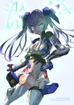  00_gundam 1girl blue_eyes blue_hair breasts cleavage glowing glowing_eyes gn_drive gundam gundam_00 highres i.takashi mecha_musume medium_breasts midriff_cutout navel open_hand open_mouth personification running twintails underboob 