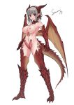  1girl animal_penis bar_censor blush breasts censored claws dragon_girl dragon_tail erection extra_penises full_body futanari gem grey_hair horns large_breasts looking_at_viewer monster_girl navel nipples no_testicles penis pointy_ears red_eyes scales short_hair signature solo standing stmaster tail wings 