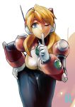  1girl alia_(rockman) android bangs bent_over blonde_hair blue_eyes breasts dgrp_(minhduc12333) eyebrows_visible_through_hair finger_to_mouth hair_over_shoulder hand_on_hip index_finger_raised large_breasts leaning_forward long_hair looking_at_viewer one_eye_closed robot_ears rockman rockman_x simple_background solo 