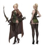  1girl absurdres arrow_(projectile) blonde_hair boots bow cloak dermiss elf fantasy green_eyes hand_on_hip highres holding holding_bow multiple_views original pointy_ears ponytail quiver standing thigh_boots thighhighs white_background 