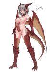  1girl animal_penis bar_censor blush breasts censored claws dragon_girl dragon_tail erection full_body futanari gem grey_hair horns large_breasts looking_at_viewer monster_girl navel nipples no_testicles penis pointy_ears red_eyes scales short_hair signature solo standing stmaster tail wings 