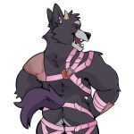  1:1 adastra amicus_(adastra) anthro armor bathym black_body black_fur butt canid canine canis cosplay echo_project fur horn leather looking_back male mammal muscular muscular_anthro muscular_male solo straps tinylamp tokyo_afterschool_summoners unconvincing_armor video_games visual_novel wolf 