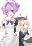  2girls :d :o absurdres alternate_costume apron arm_rest ayanami_(azur_lane) azur_lane bangs black_dress blue_eyes blue_ribbon blush breasts collarbone collared_dress commentary_request cowboy_shot cup dress enmaided eyebrows_visible_through_hair frilled_apron frills hair_between_eyes head_tilt headgear high_ponytail highres holding holding_cup holding_tray javelin_(azur_lane) long_hair looking_at_viewer maid maid_apron maid_dress maid_headdress micchamu multiple_girls neck_ribbon open_mouth orange_eyes platinum_blonde_hair pointing pointing_at_self ponytail puffy_short_sleeves puffy_sleeves purple_hair ribbon short_sleeves sidelocks simple_background sitting small_breasts smile standing table teacup teapot tray upper_teeth white_background 