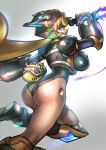  1girl android ass bangs blonde_hair blue_eyes breasts dgrp_(minhduc12333) energy_blade english_commentary from_behind highres holding holding_weapon jumping large_breasts leg_up long_hair marino open_mouth rockman rockman_x rockman_x_command_mission simple_background solo weapon 