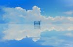  animal bench bird blue_sky blue_theme bus_stop cloud cloudy_sky flying garglin highres no_humans original reflection scenery sign sky white_bird 