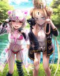  2girls abigail_williams_(fate/grand_order) abigail_williams_(swimsuit_foreigner)_(fate) animal_hood bangs bare_shoulders bikini black_bow black_cat black_gloves black_jacket black_legwear blonde_hair blue_eyes blue_sky blush bow braid braided_bun breasts cat closed_mouth double_bun dress_swimsuit elbow_gloves fate/grand_order fate_(series) forehead gloves highres hood illyasviel_von_einzbern illyasviel_von_einzbern_(swimsuit_archer)_(fate) jacket keyhole lake leaning_forward long_hair looking_at_viewer mitre multiple_bows multiple_girls nyaa_kitsune off_shoulder open_clothes open_jacket open_mouth orange_bow parted_bangs partly_fingerless_gloves paw_pose pink_bikini raincoat red_eyes see-through sidelocks single_thighhigh sky small_breasts smile swimsuit thighhighs thighs tree twintails very_long_hair wavy_mouth white_hair white_headwear white_swimsuit 