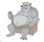  2020 absurd_res alcohol anthro beer belly beverage beverage_can big_belly bottomwear burping canid canine canis canson chair claws clothed clothing fur furniture grey_body grey_fur hi_res male mammal navel open_clothing open_shirt open_topwear overweight overweight_anthro overweight_male pants plantigrade sharp_teeth shirt simple_background solo teeth topwear unbuttoned_pants white_background wolf 