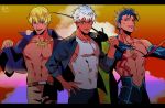  3boys abs alternate_costume archer blonde_hair blue_hair brown_eyes chest covered_abs cu_chulainn_(fate)_(all) dark_skin dark_skinned_male earrings eriko-(erk_ecory) establishment_(fate/grand_order) fate/grand_order fate_(series) fishing_rod gilgamesh gilgamesh_(caster)_(fate) hand_on_hip highres jewelry lancer male_focus multiple_boys muscle nipples pectorals red_eyes shirtless summer_casual_(fate/grand_order) tank_top toned toned_male undressing white_hair 