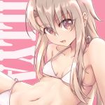  1girl absurdres bangs bikini breasts character_name cleavage collarbone covered_nipples eyebrows_visible_through_hair fate/kaleid_liner_prisma_illya fate_(series) hair_between_eyes halterneck highres illyasviel_von_einzbern long_hair navel open_mouth orange_eyes pink_background shiny shiny_hair side-tie_bikini sideboob silver_hair small_breasts solo swimsuit underboob very_long_hair white_bikini zongren 