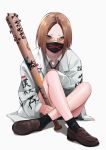  1girl absurdres ankle_socks baseball_bat black_legwear brown_footwear brown_hair debi green_eyes highres loafers looking_at_viewer mask mouth_mask nail nail_bat necktie original red_neckwear shoes short_hair sitting solo sunglasses 