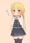  asashio_(kantai_collection) asashio_(kantai_collection)_(cosplay) belt black_legwear blonde_hair blush commentary_request cosplay eyebrows_visible_through_hair kantai_collection long_hair looking_at_viewer ne red_ribbon ribbon satsuki_(kantai_collection) school_uniform serafuku sidelocks simple_background smile thick_thighs thighhighs thighs translated twintails yellow_eyes zettai_ryouiki 