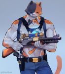  5_fingers absurd_res anthro blue_bottomwear blue_clothing blue_pants bottomwear clothed clothing domestic_cat duo elinapires eyes_closed father father_and_child father_and_son felid feline felis fingers fur gun gun_holster hi_res holding_gun holding_object holding_weapon kit_(fortnite) looking_at_another male mammal meowscles_(fortnite) multicolored_body multicolored_fur muscular muscular_anthro muscular_male open_mouth orange_body orange_fur pants parent parent_and_child ranged_weapon simple_background slurp_juice son weapon white_body white_fur 