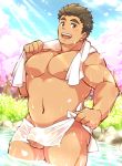  1boy aopanda bara body_hair brown_eyes brown_hair bulge chest come_hither male_focus muscle naked_towel navel nipples original pectorals penis_peek short_hair solo sunlight testicles thick_thighs thighs towel upper_body water wet 