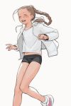  1girl bike_shorts black_shorts blush braid braided_ponytail brown_hair closed_eyes facing_viewer forehead highres hood hood_down hooded_jacket jacket jeff_macanoli long_hair open_clothes open_jacket open_mouth original shorts solo white_background 